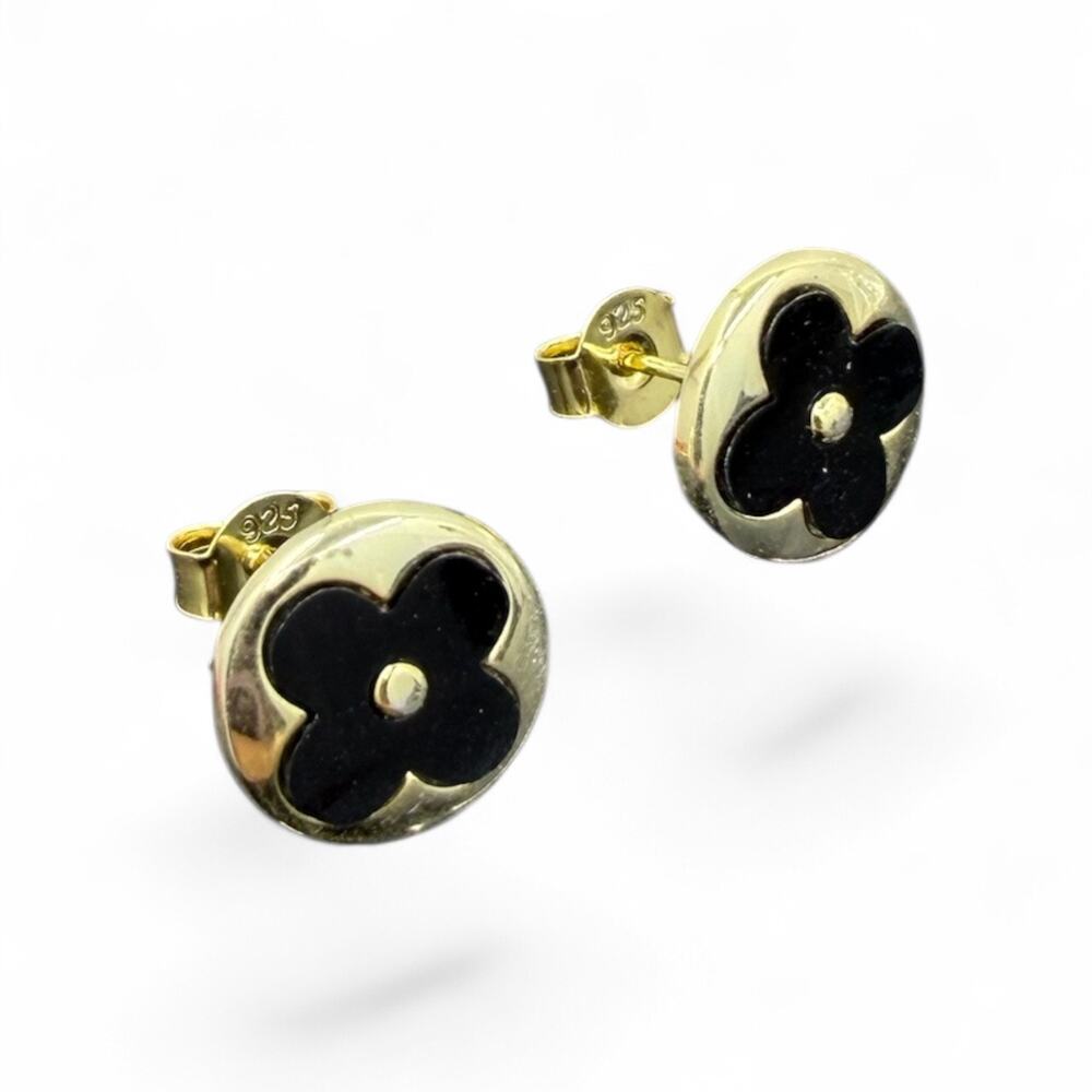 Natural Black Onyx Stud Earrings Gold Plated 925 Sterling Silver - Picture 6 of 7